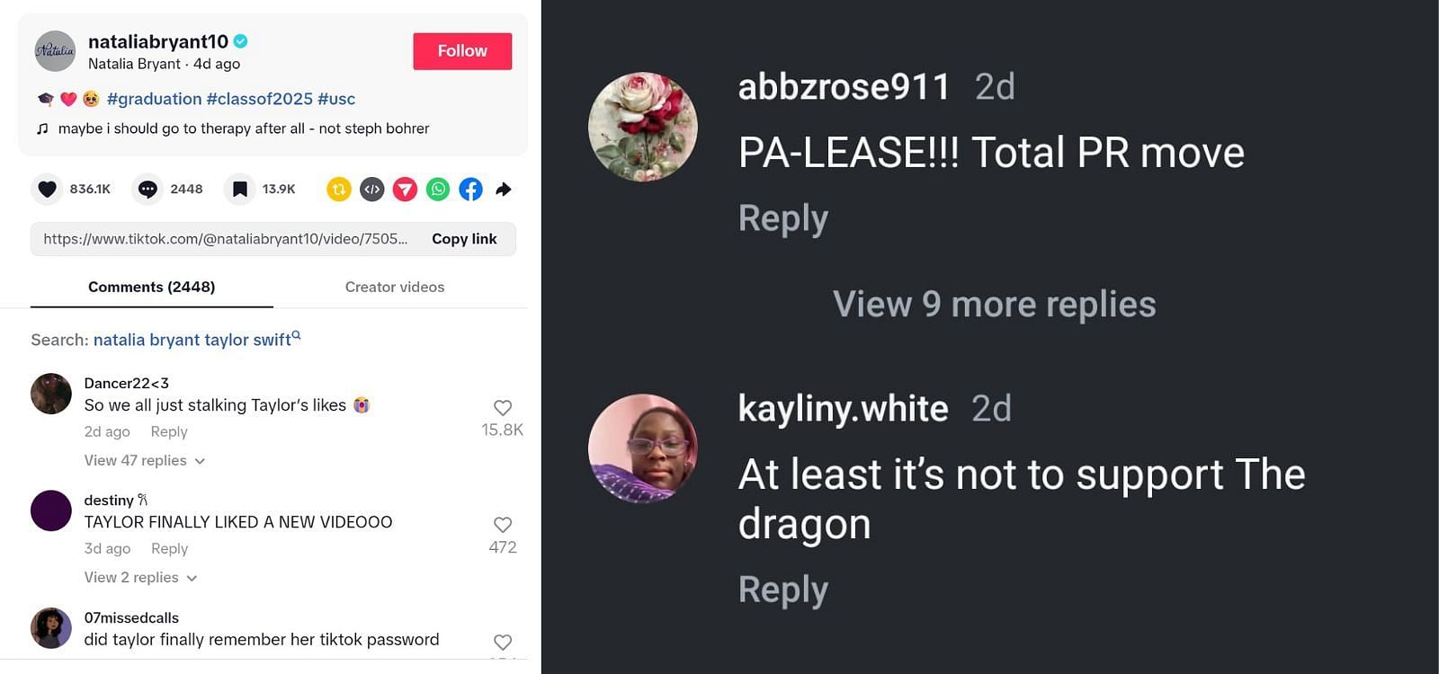 Fans on TikTok and Instagram reacting to Taylor Swift’s like on Natalia Bryant’s post